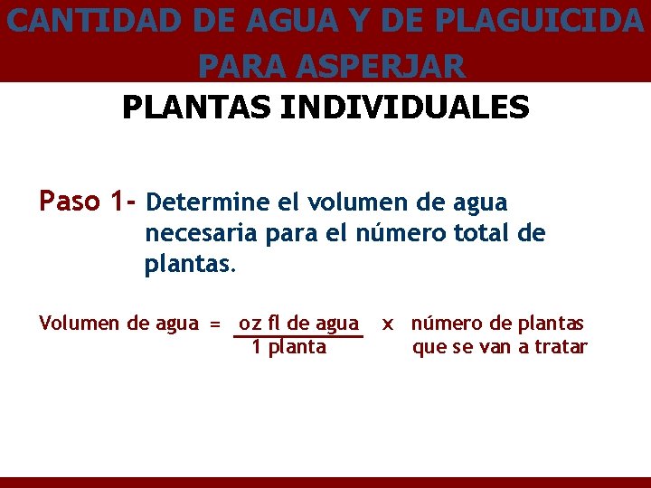 CANTIDAD DE AGUA Y DE PLAGUICIDA PARA ASPERJAR PLANTAS INDIVIDUALES Paso 1 - Determine