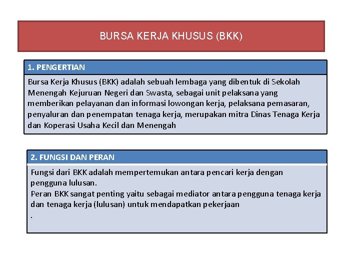 BURSA KERJA KHUSUS (BKK) 1. PENGERTIAN Bursa Kerja Khusus (BKK) adalah sebuah lembaga yang