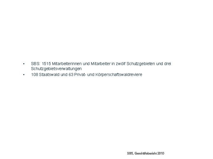  • • SBS: 1515 Mitarbeiterinnen und Mitarbeiter in zwölf Schutzgebieten und drei Schutzgebietsverwaltungen