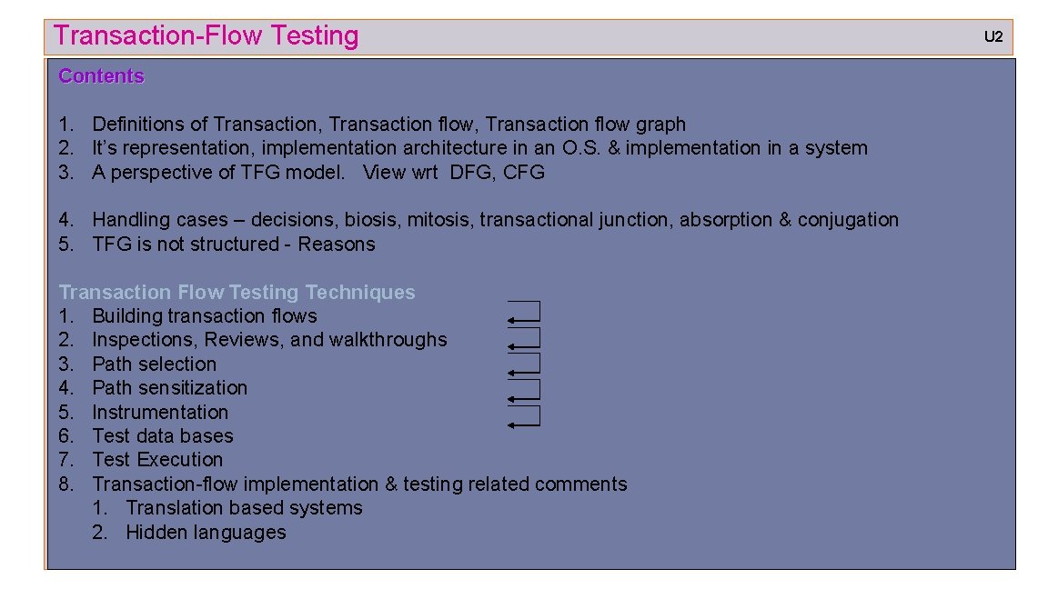 Transaction-Flow Testing U 2 Contents 1. Definitions of Transaction, Transaction flow graph 2. It’s