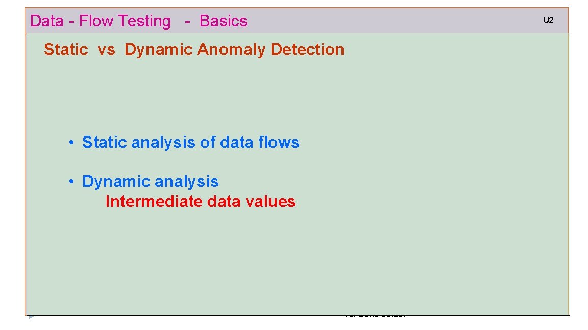 Data - Flow Testing - Basics U 2 Static vs Dynamic Anomaly Detection •