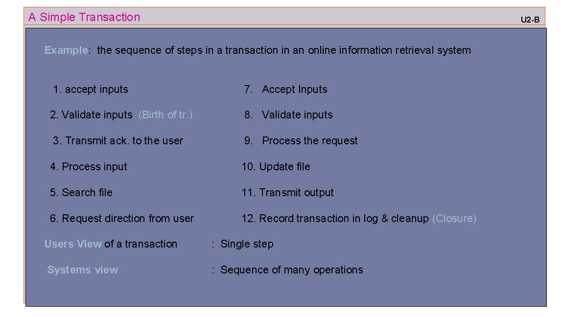 A Simple Transaction U 2 -B Example: the sequence of steps in a transaction