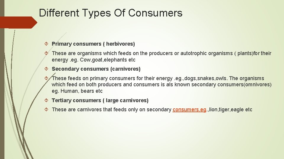 Different Types Of Consumers Primary consumers ( herbivores) These are organisms which feeds on