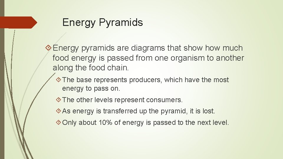 Energy Pyramids Energy pyramids are diagrams that show much food energy is passed from