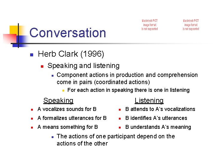 Conversation n Herb Clark (1996) n Speaking and listening n Component actions in production