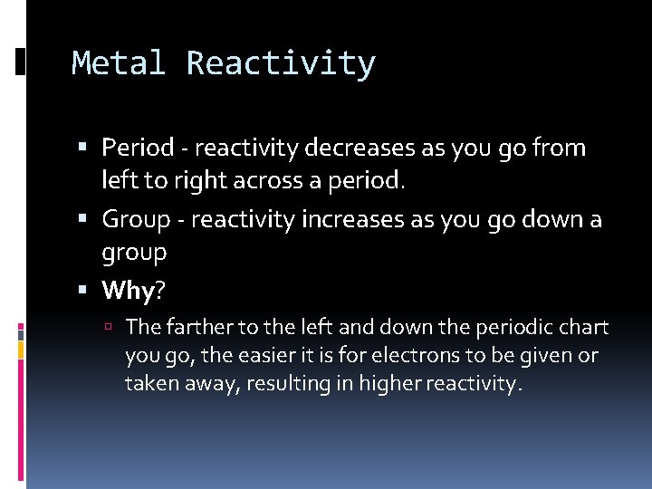 Metal Reactivity Period - reactivity decreases as you go from left to right across