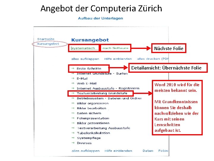 Angebot der Computeria Zürich Nächste Folie Detailansicht: Übernächste Folie Word 2010 wird für die