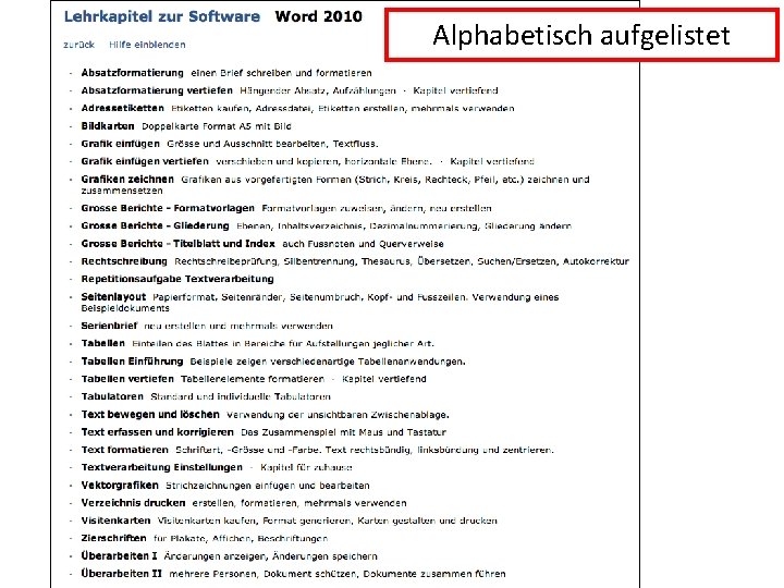 Alphabetisch aufgelistet 