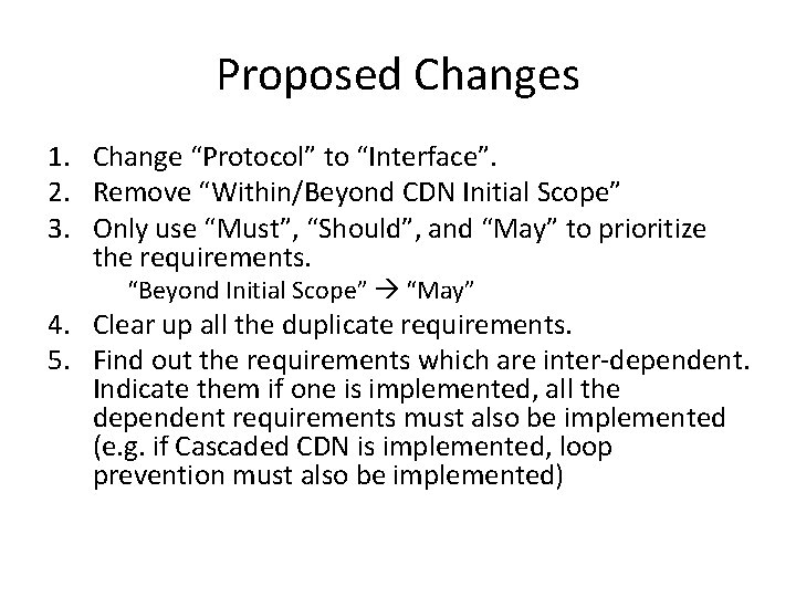 Proposed Changes 1. Change “Protocol” to “Interface”. 2. Remove “Within/Beyond CDN Initial Scope” 3.