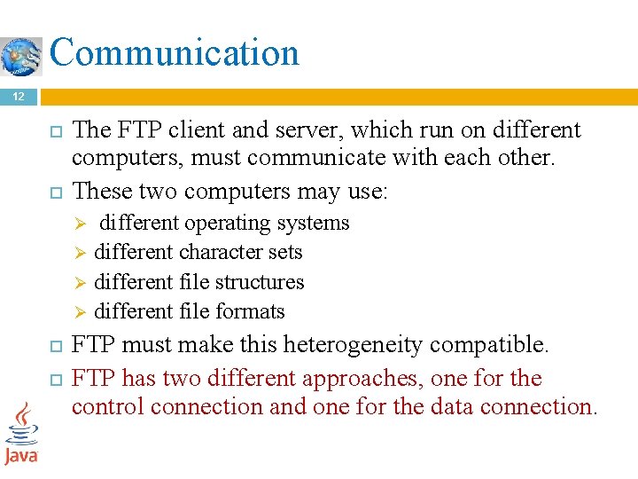 Communication 12 The FTP client and server, which run on different computers, must communicate