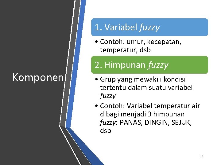 1. Variabel fuzzy • Contoh: umur, kecepatan, temperatur, dsb 2. Himpunan fuzzy Komponen •