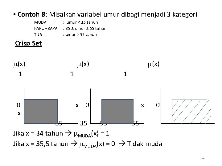  • Contoh 8: Misalkan variabel umur dibagi menjadi 3 kategori MUDA PARUHBAYA TUA