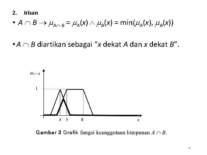 2. Irisan • A B A B = A(x) B(x) = min( A(x), B(x))