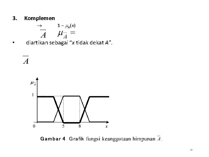 3. Komplemen • 1 – A(x) diartikan sebagai “x tidak dekat A”. 29 