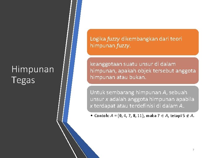 Logika fuzzy dikembangkan dari teori himpunan fuzzy. Himpunan Tegas keanggotaan suatu unsur di dalam