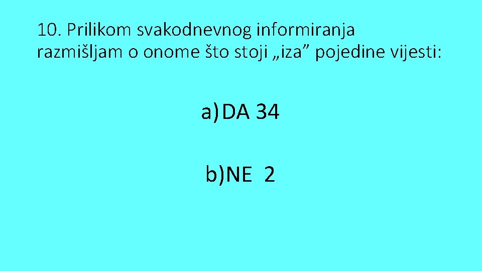 10. Prilikom svakodnevnog informiranja razmišljam o onome što stoji „iza” pojedine vijesti: a) DA