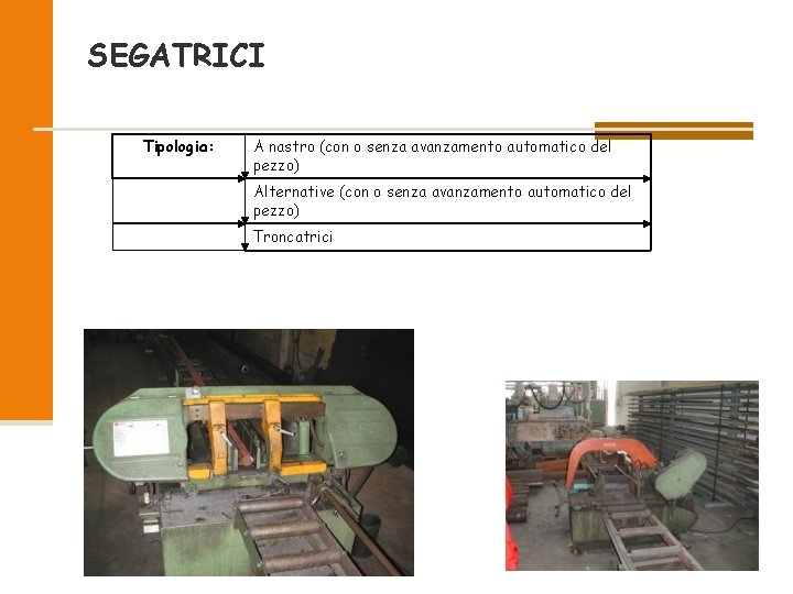 SEGATRICI Tipologia: A nastro (con o senza avanzamento automatico del pezzo) Alternative (con o