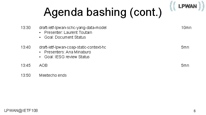 Agenda bashing (cont. ) 13: 30 draft-ietf-lpwan-schc-yang-data-model • Presenter: Laurent Toutain • Goal: Document