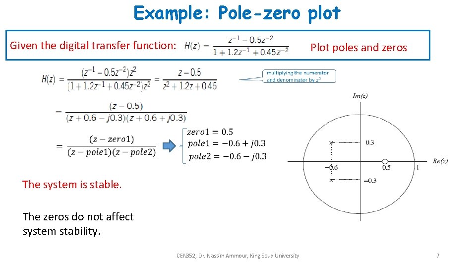 Example: Pole-zero plot Given the digital transfer function: Plot poles and zeros The system