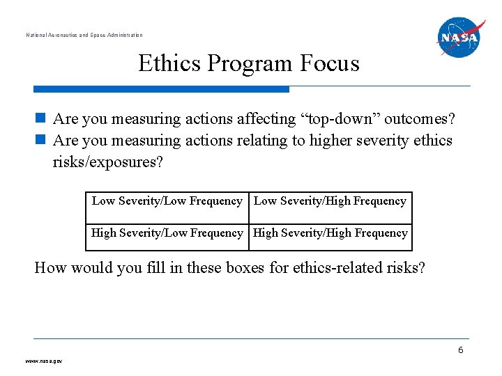 National Aeronautics and Space Administration Ethics Program Focus Are you measuring actions affecting “top-down”