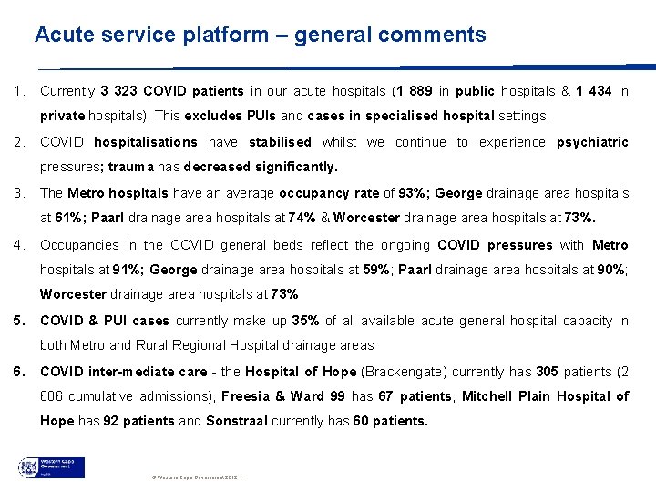 Acute service platform – general comments 1. Currently 3 323 COVID patients in our