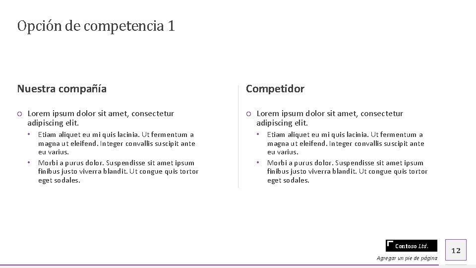 Opción de competencia 1 Nuestra compañía Competidor ○ Lorem ipsum dolor sit amet, consectetur