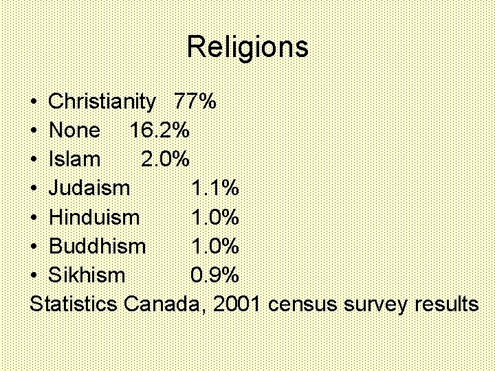 Religions • Christianity 77% • None 16. 2% • Islam 2. 0% • Judaism