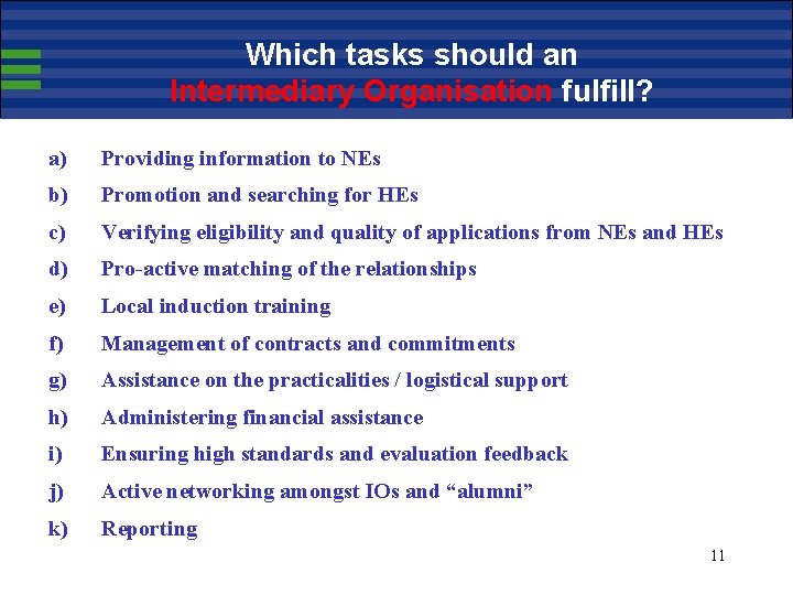 Which tasks should an Intermediary Organisation fulfill? a) Providing information to NEs b) Promotion