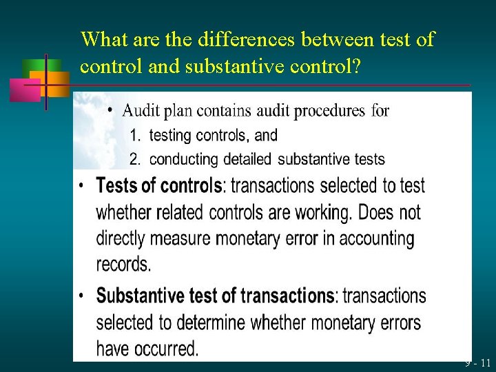 What are the differences between test of control and substantive control? 9 - 11