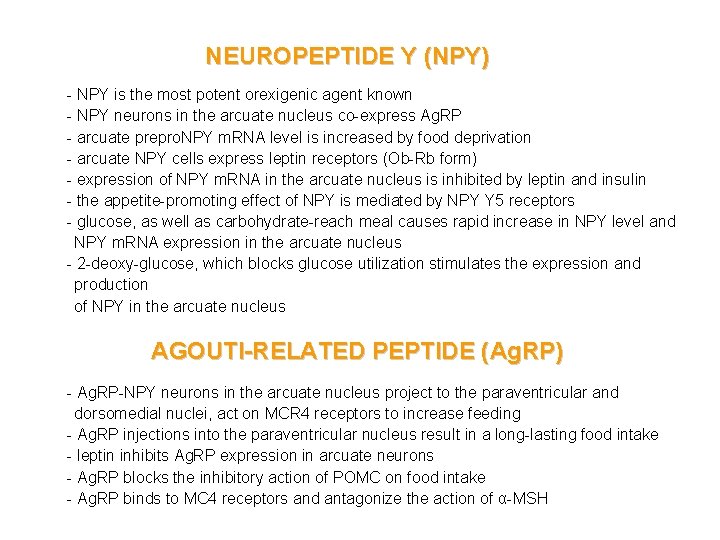 NEUROPEPTIDE Y (NPY) - NPY is the most potent orexigenic agent known - NPY