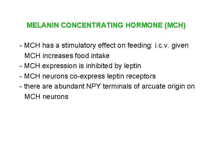 MELANIN CONCENTRATING HORMONE (MCH) - MCH has a stimulatory effect on feeding: i. c.