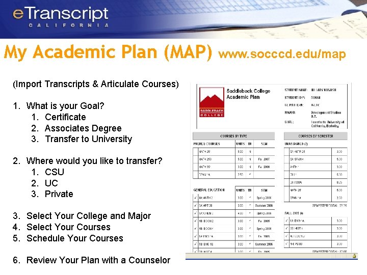 My Academic Plan (MAP) (Import Transcripts & Articulate Courses) 1. What is your Goal?