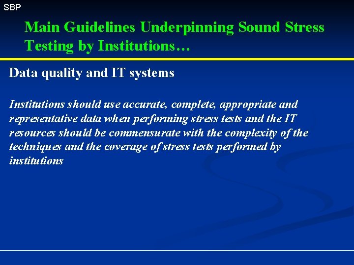 SBP Main Guidelines Underpinning Sound Stress Testing by Institutions… Data quality and IT systems