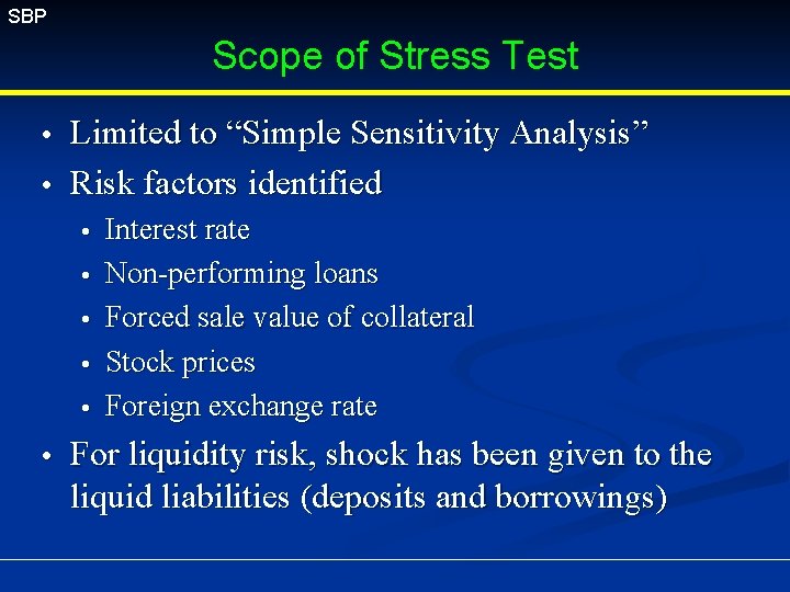 SBP Scope of Stress Test Limited to “Simple Sensitivity Analysis” Risk factors identified Interest