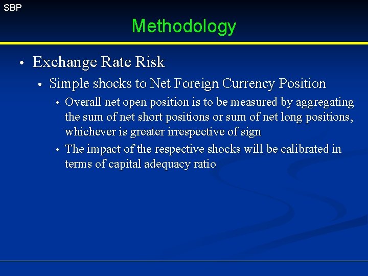 SBP Methodology Exchange Rate Risk Simple shocks to Net Foreign Currency Position Overall net