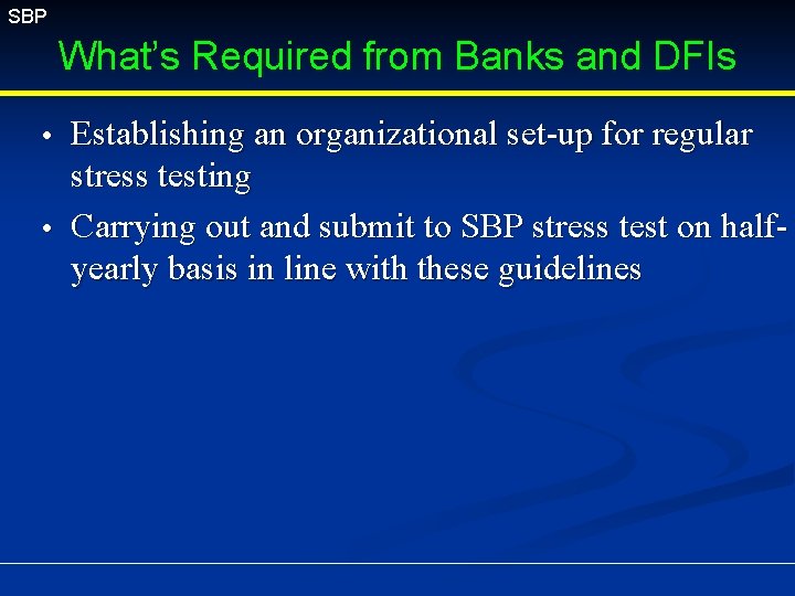 SBP What’s Required from Banks and DFIs Establishing an organizational set-up for regular stress