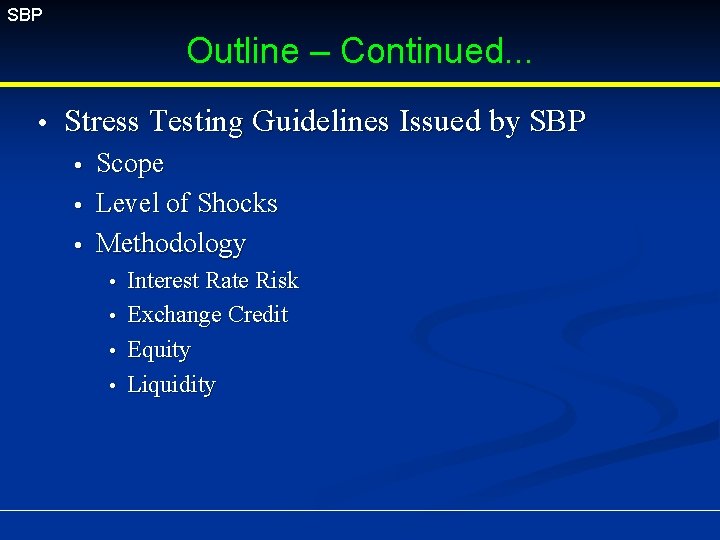 SBP Outline – Continued. . . Stress Testing Guidelines Issued by SBP Scope Level