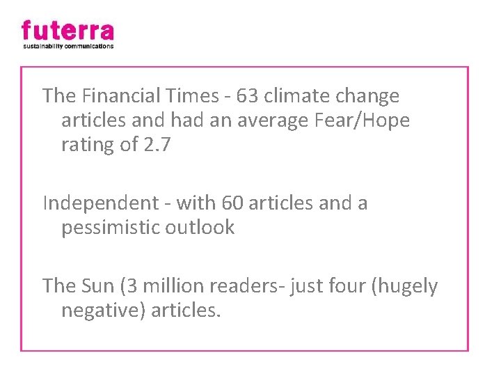 The Financial Times - 63 climate change articles and had an average Fear/Hope rating