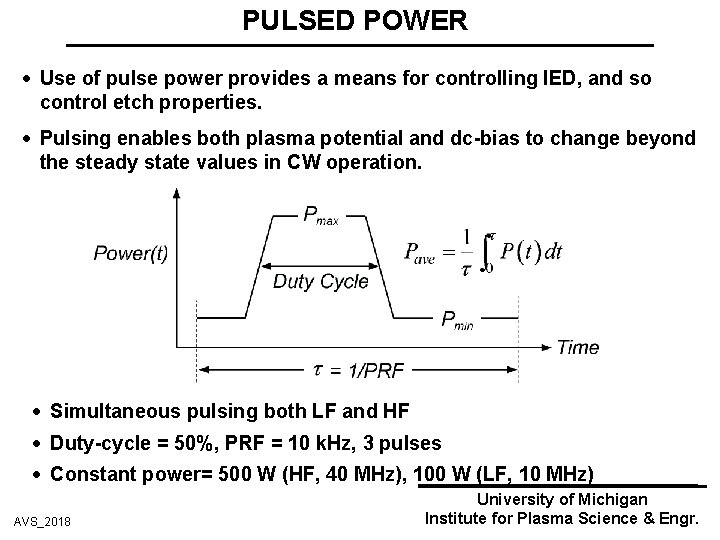 PULSED POWER Use of pulse power provides a means for controlling IED, and so
