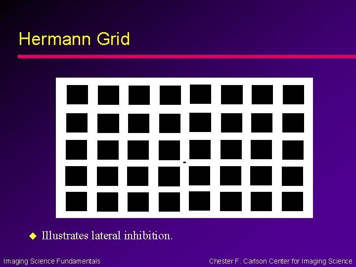 Hermann Grid u Illustrates lateral inhibition. Imaging Science Fundamentals Chester F. Carlson Center for Hermann Grid u Illustrates lateral inhibition. Imaging Science Fundamentals Chester F. Carlson Center for