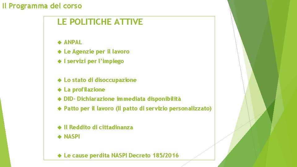 Il Programma del corso LE POLITICHE ATTIVE ANPAL Le Agenzie per il lavoro I