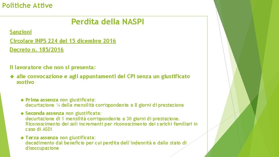 Politiche Attive Perdita della NASPI Sanzioni Circolare INPS 224 del 15 dicembre 2016 Decreto