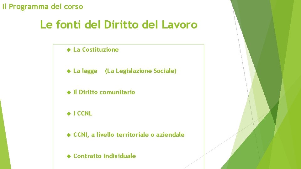 Il Programma del corso Le fonti del Diritto del Lavoro La Costituzione La legge