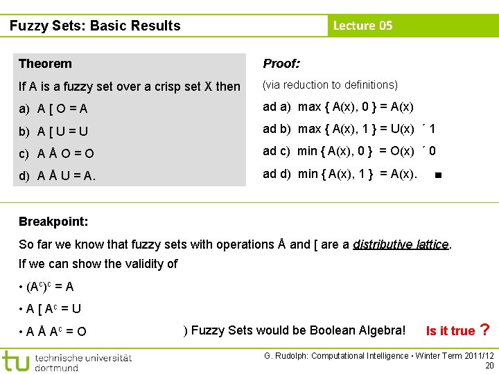 Lecture 05 Fuzzy Sets: Basic Results Theorem Proof: If A is a fuzzy set