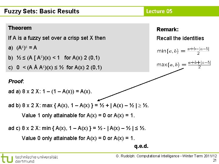 Lecture 05 Fuzzy Sets: Basic Results Theorem Remark: If A is a fuzzy set