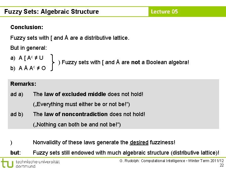 Lecture 05 Fuzzy Sets: Algebraic Structure Conclusion: Fuzzy sets with [ and Å are