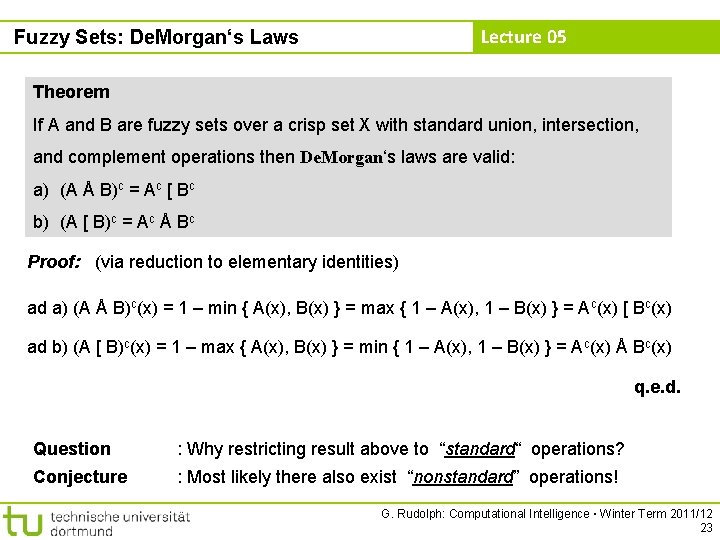 Lecture 05 Fuzzy Sets: De. Morgan‘s Laws Theorem If A and B are fuzzy