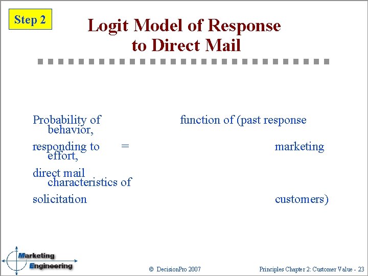 Step 2 Logit Model of Response to Direct Mail Probability of behavior, responding to
