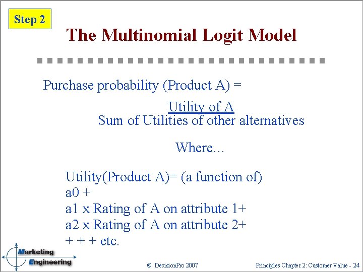 Step 2 The Multinomial Logit Model Purchase probability (Product A) = Utility of A