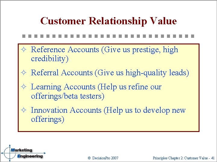 Customer Relationship Value ² Reference Accounts (Give us prestige, high credibility) ² Referral Accounts